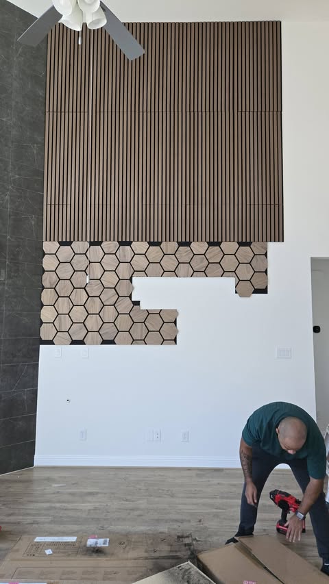Striking wood slat + hexagon two-tone accent wall (in progress) by EZ Innovation LLC, Houston handyman
