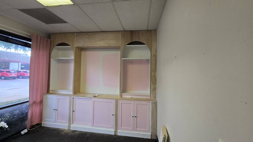 Custom built-in arched alcove cabinets, primed and ready by EZ Innovation LLC, Houston handyman